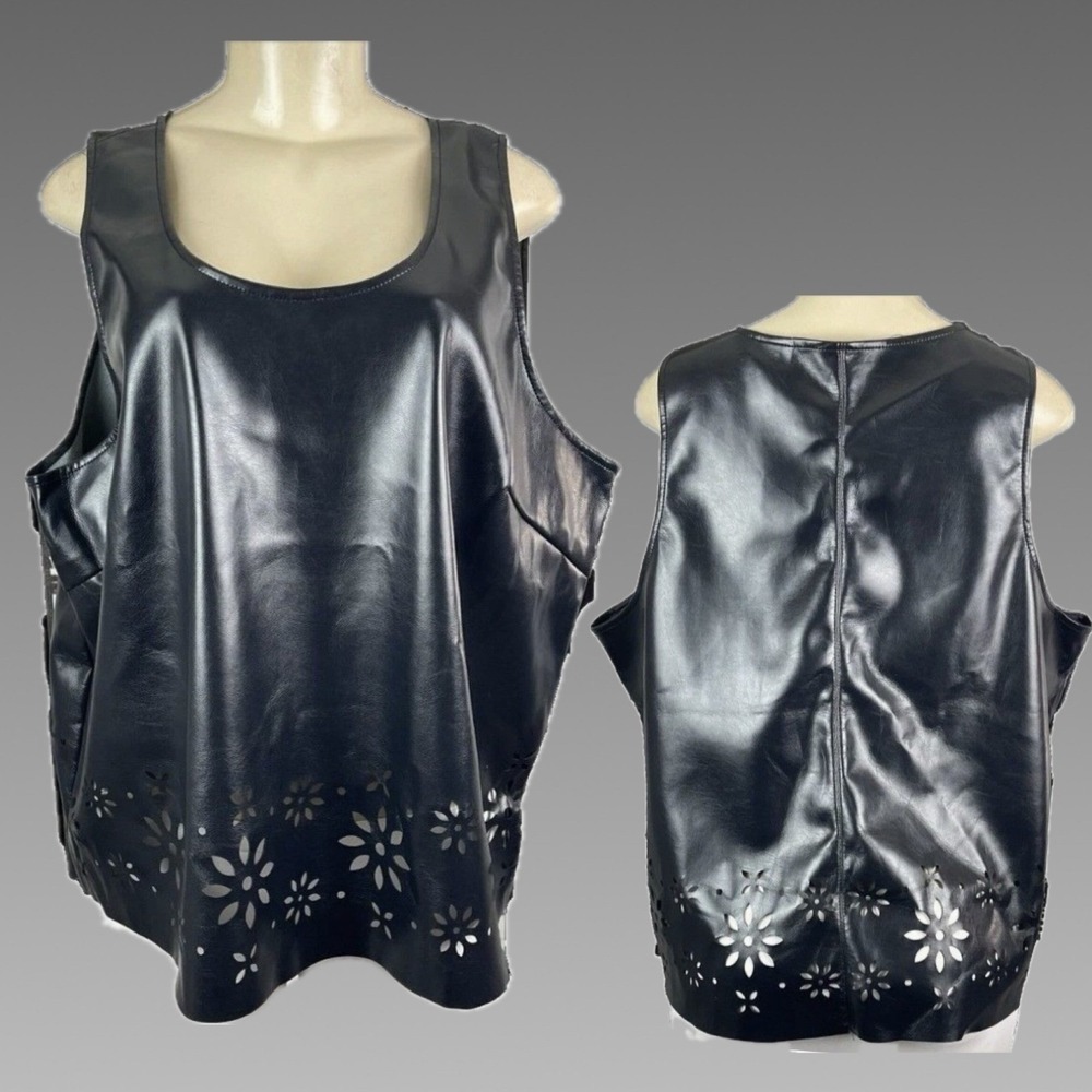 Scoop XL Black Faux Leather Laser Cut Floral Hem Sleeveless Tank Top Scoop Neck